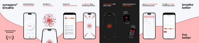 synappro breathe App Store preview showing app features on iPhone and Apple Watch